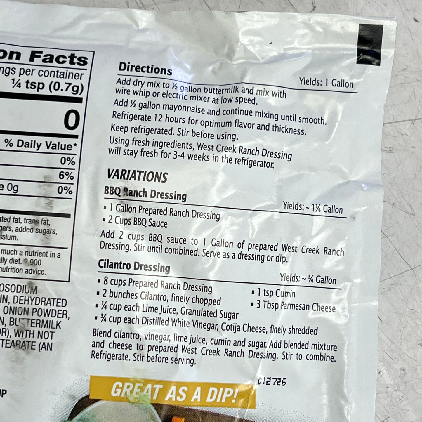 ZA@ WEST CREEK (18 PACK) Ranch Dressing 3.2 Oz Makes One Gal Each BB 01/26