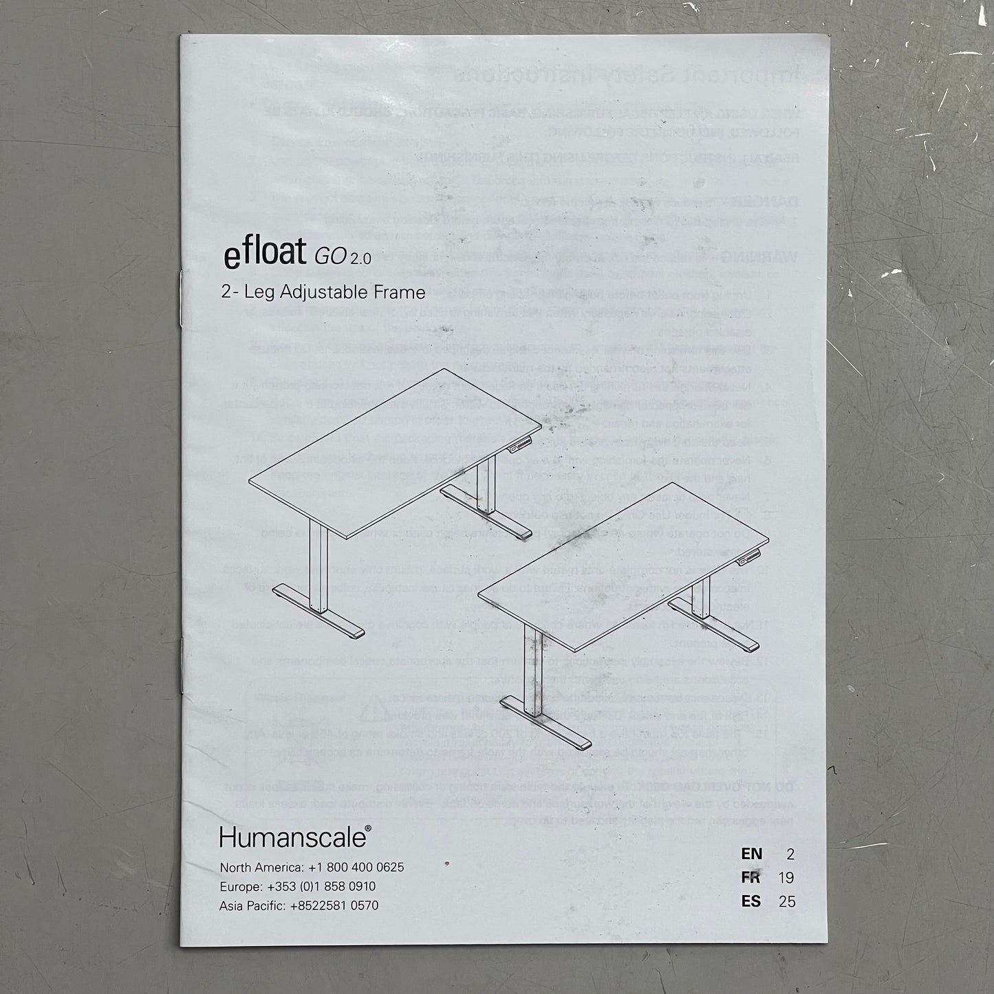 HUMANSCALE Efloat GO 2.0 2-Leg Adjustable Sit Stand Desk Frame Grey