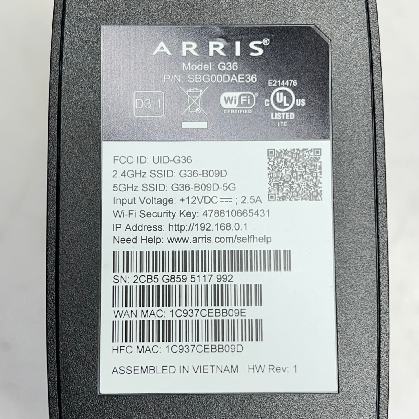 ARRIS Refurbished Cable Modem/Router Combo Docsis 3.1 Multi-Gigabit Wifi G36-RB