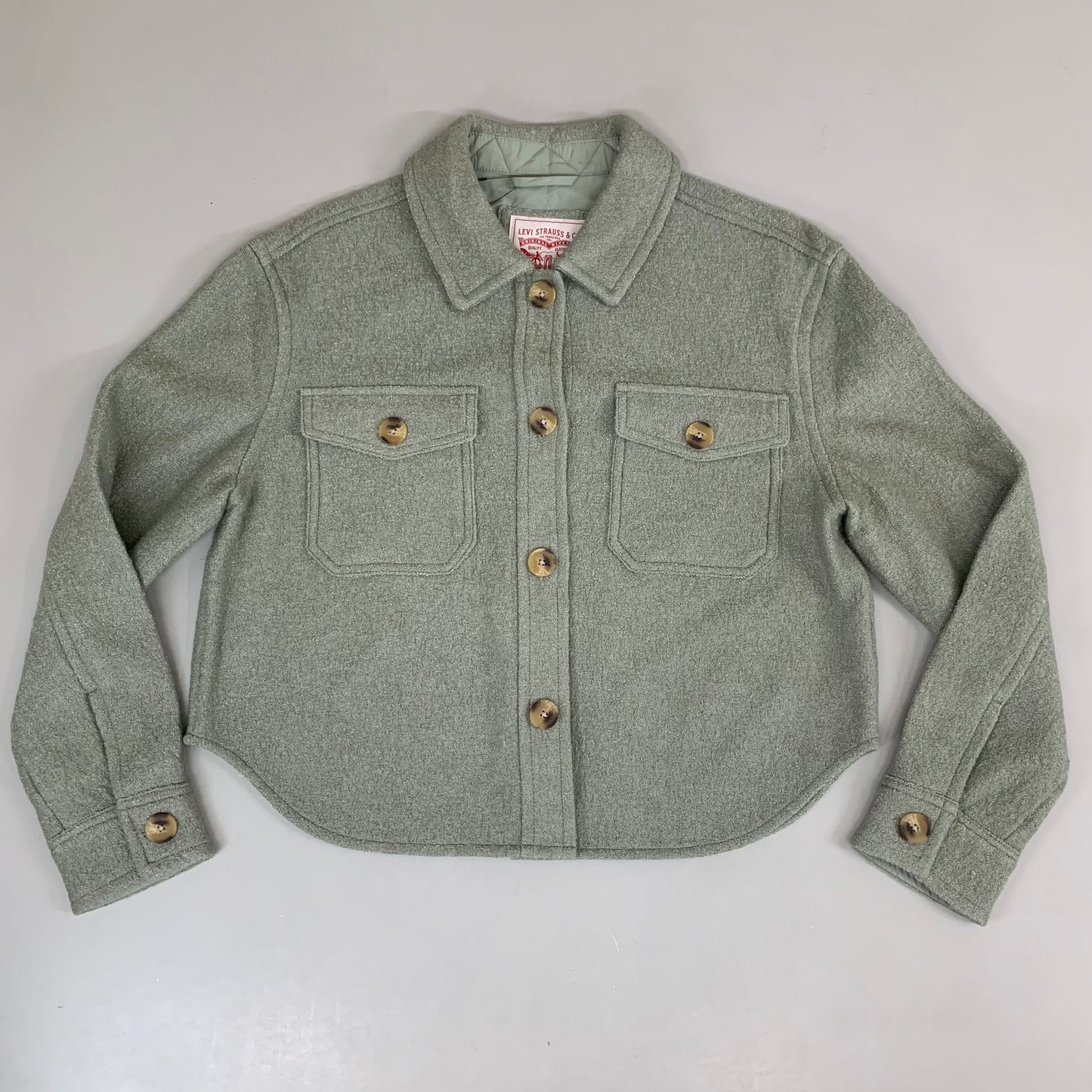 LEVI'S Front Button Cropped Jacket W/ Laydown Collar Women's Medium Tea Green 595450040