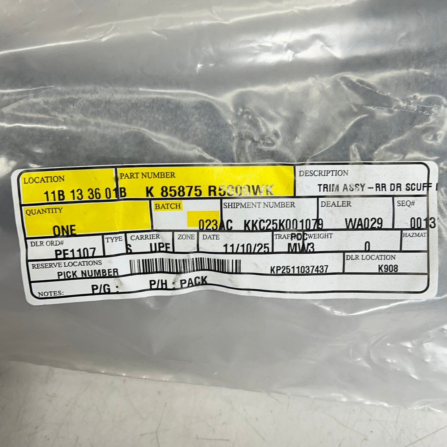 KIA Genuine Oem Scuff Plate Left Rear 2021-2025 Sorento Models 85875-R5000WK