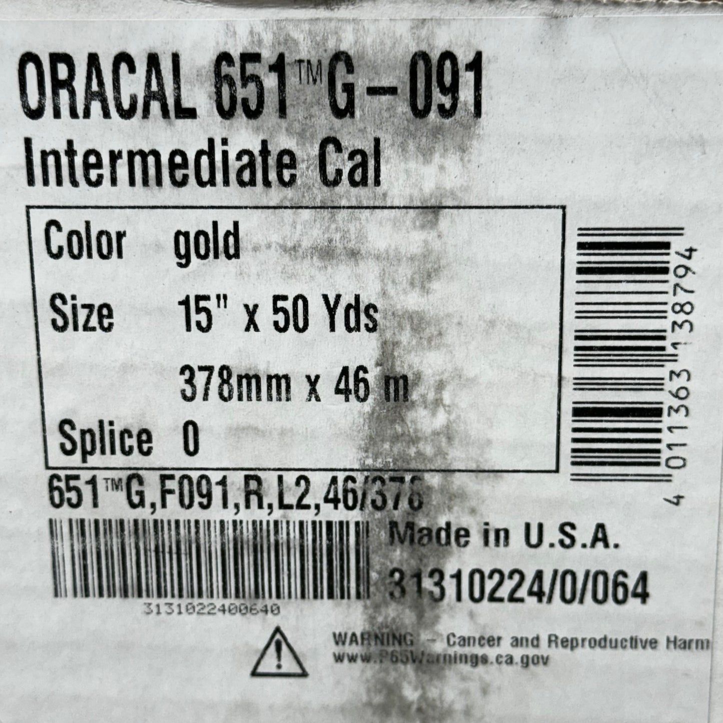 ORAFOL Oracal Intermediate Cal Gold 15" X 50Yds 2.5 Mil Thick 651G-091