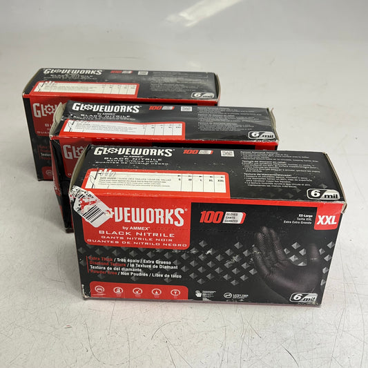AMMEX (3 PACK, 100 EACH) Gloveworks Nitrile Gloves Powder-free Sz XXL 6MIL Black