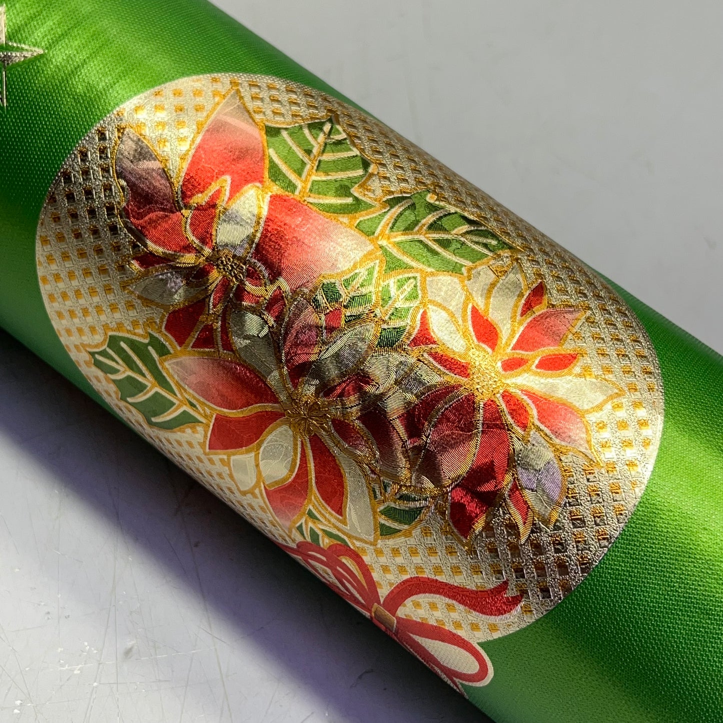 Christmas Ornaments Poinsettia & Bells Vinyl Tablecloth 54"x60' Shine Green