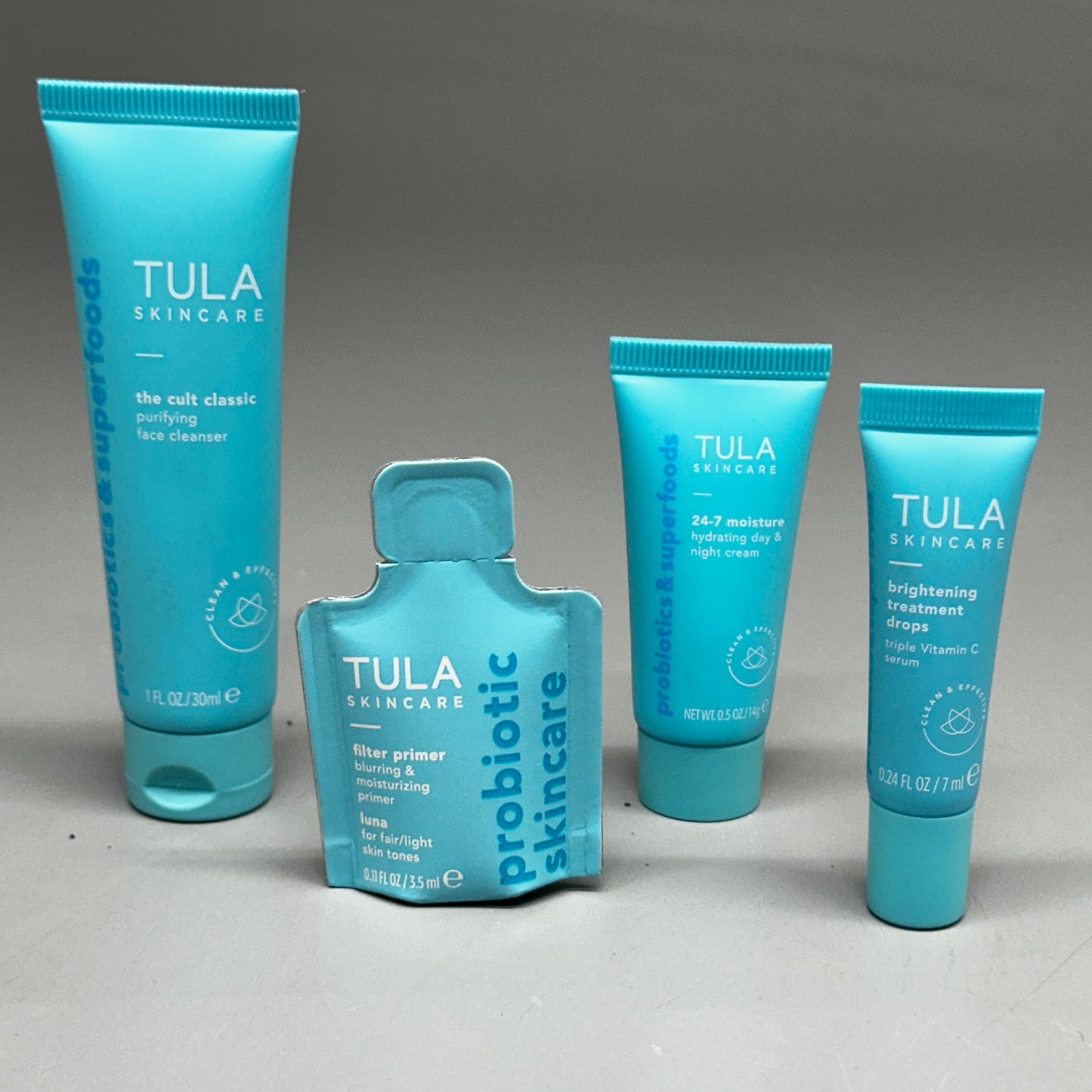 TULA SKINCARE (4 PACK) Trial Size Products - Cleanser, Primer, Cream, Serum