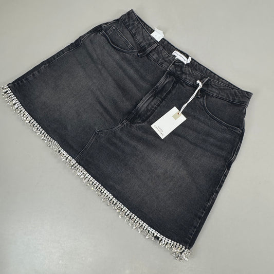 GOOD AMERICAN Denim Crystal Trim Skirt Women's Sz 12 Black376 GFD301
