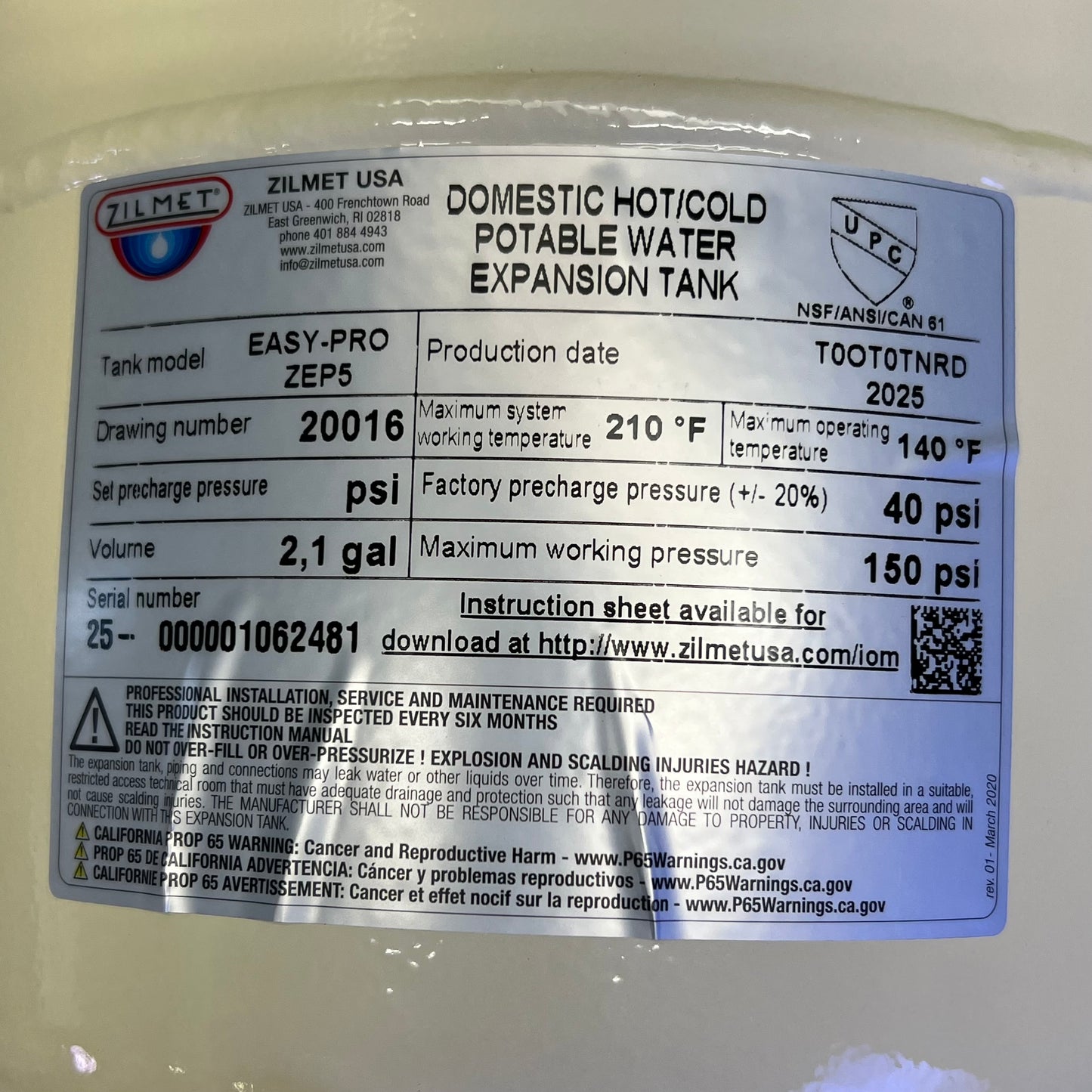 ZILMET Easy-Pro In-Line Thermal Expansion Tank 2.1 Gallon Tan 11E0000802