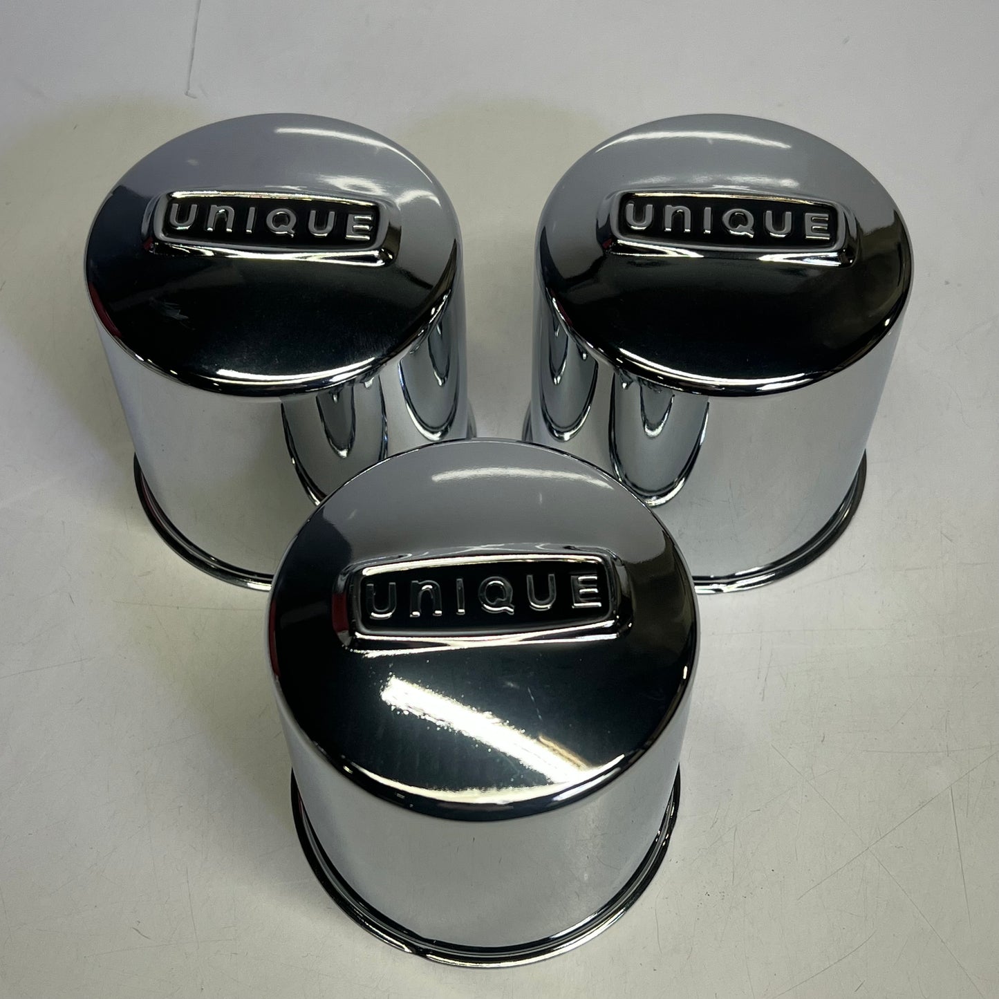 UNIQUE (SET OF 3) Metal Wheel Center Caps 4"x4.5" Chromed A-SC4280EB
