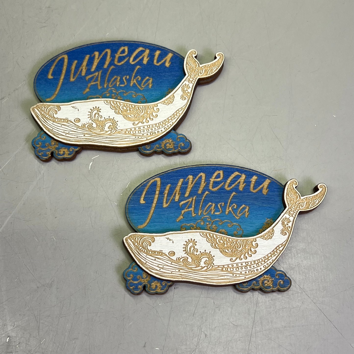 Z@ (2 PACK) Paisley Whale Laser Cut Wood Magnet Souvenir JUNEAU, AK Made In USA