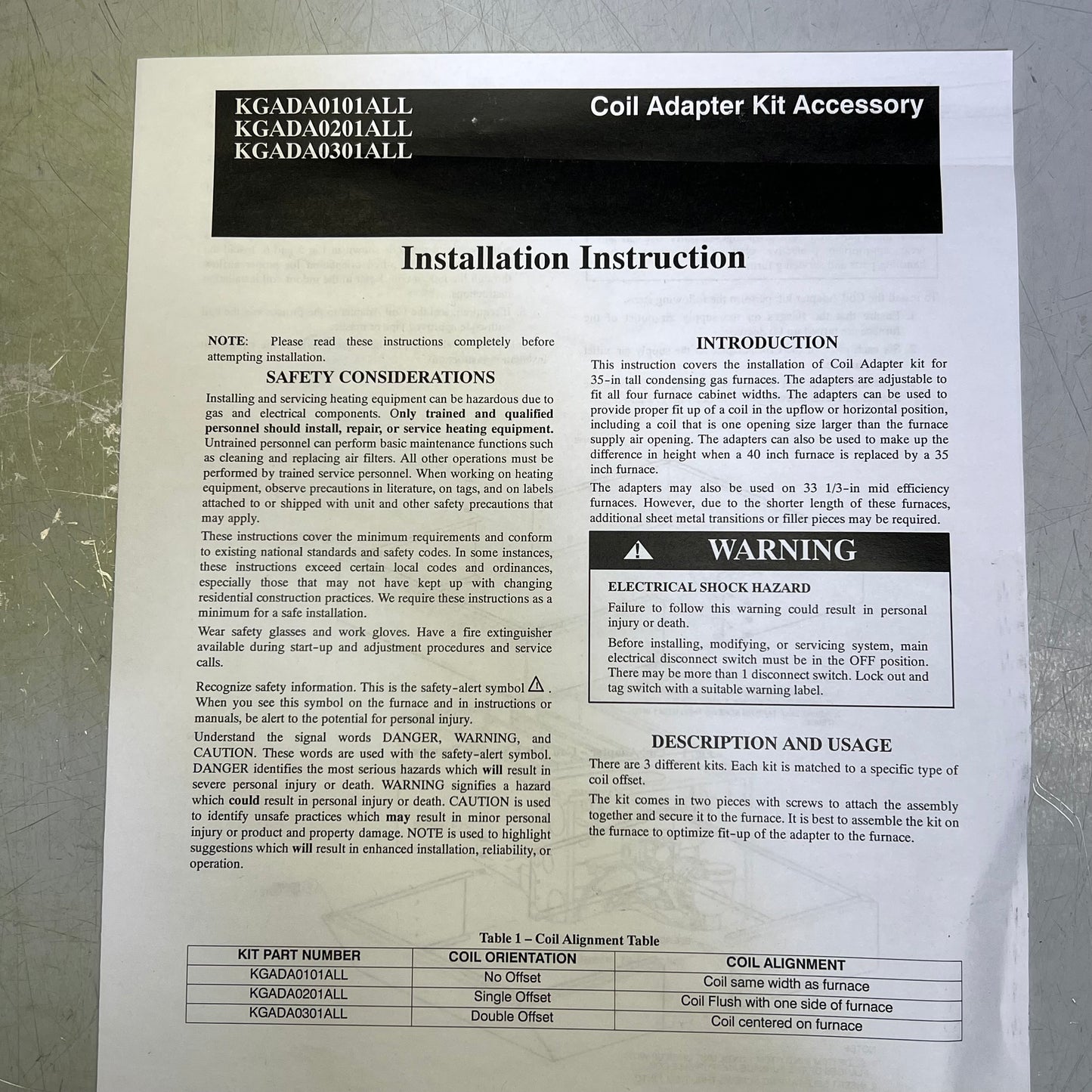 CARRIER Single Offset Coil Adapter Kit Fits Bryant, Payne & Carrier KGADA0201ALL