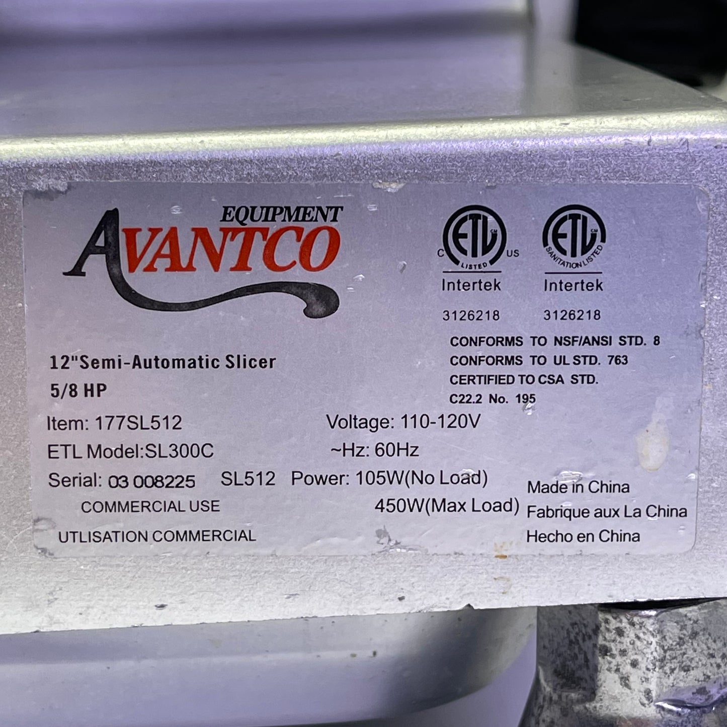 ZA@ AVANTCO Semi-Automatic Meat Slicer 12” Silver 177SL512 (Damaged AS-IS)