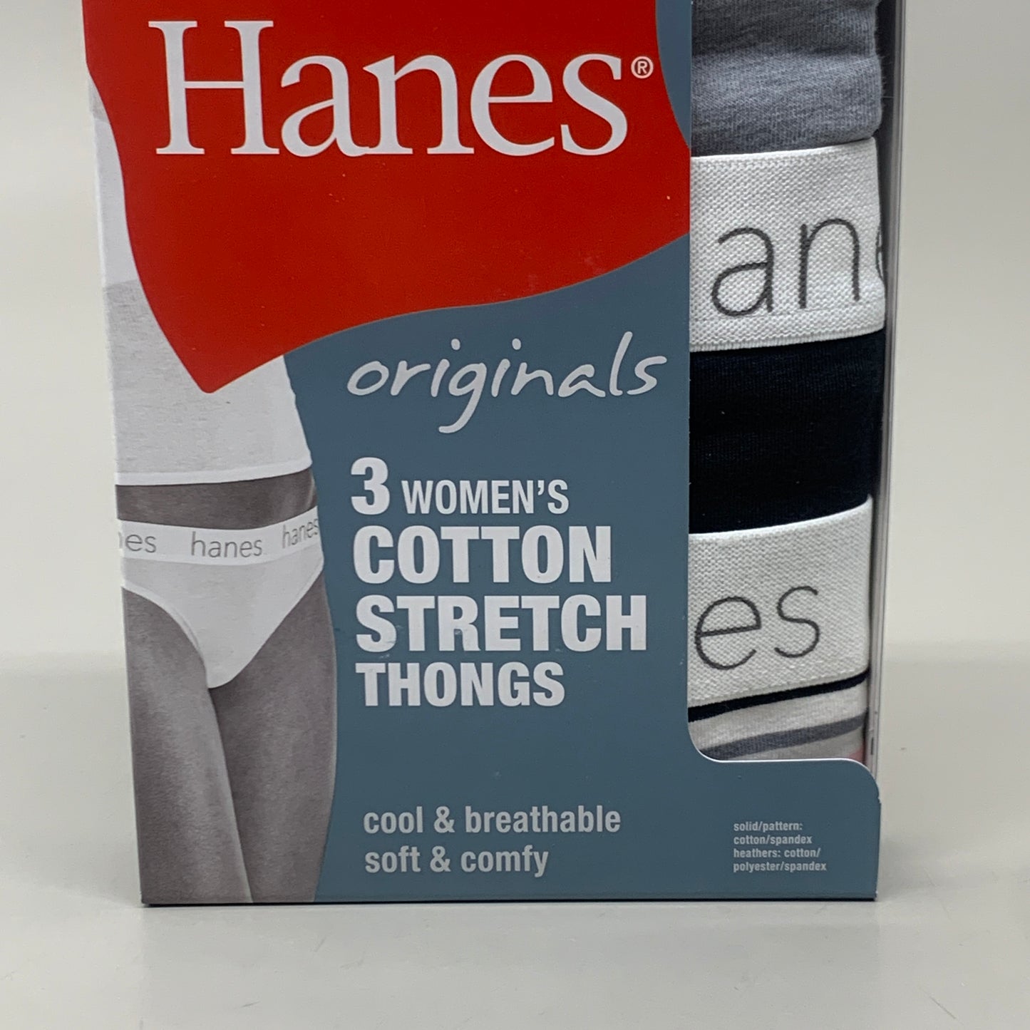 HANES 3 PACK!! Originals Women's Breathable Cotton Stretch Thongs Underwear Sz 8/XL Black/Heather/Stripe 45U0BT