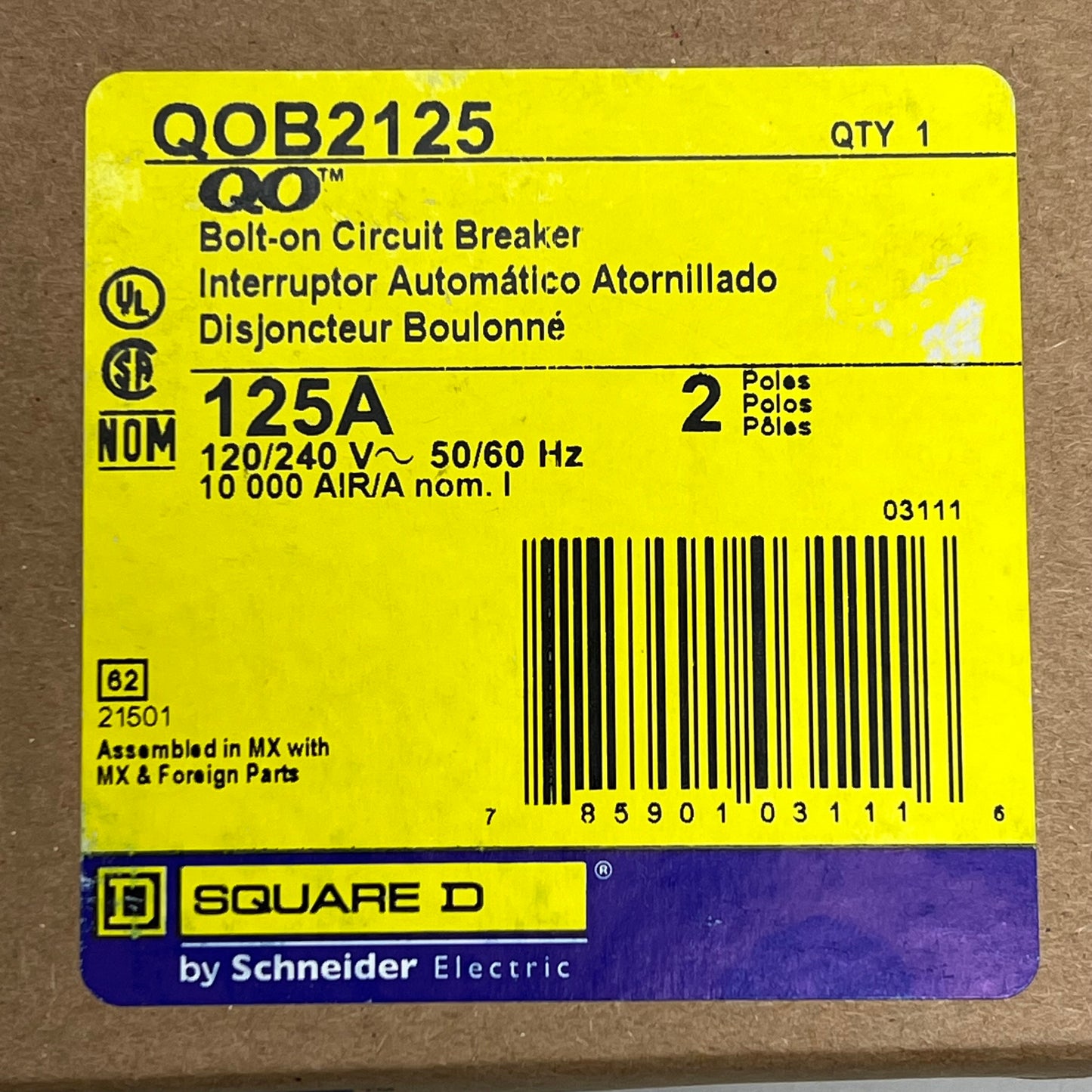 SQUARE D 2 Pole Circuit Breaker Bolt-On 125 Amps 120/240 VAC QOB2125