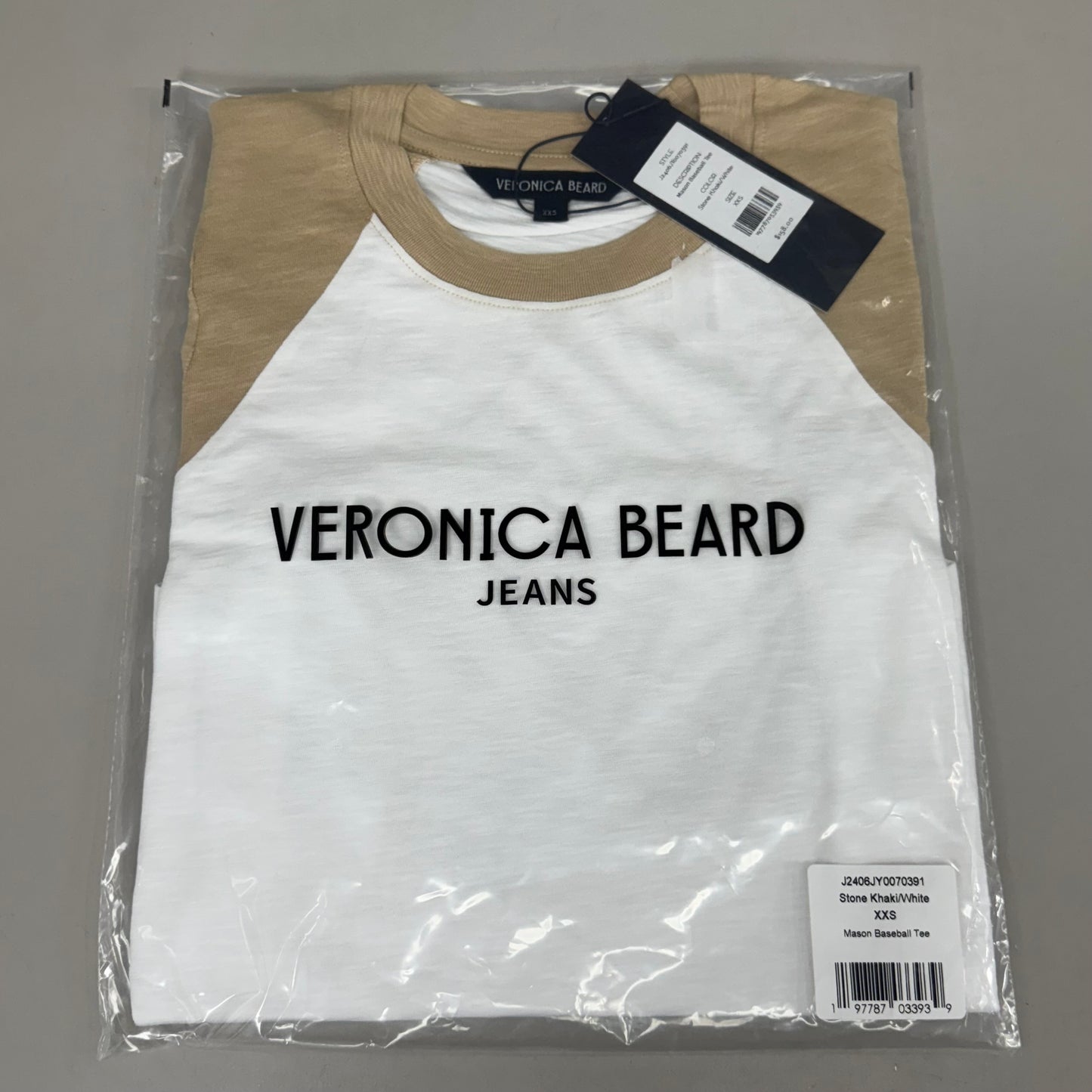 VERONICA BEARD Jeans Women's Mason Baseball Tee Sz-XXS Stone Khaki/White