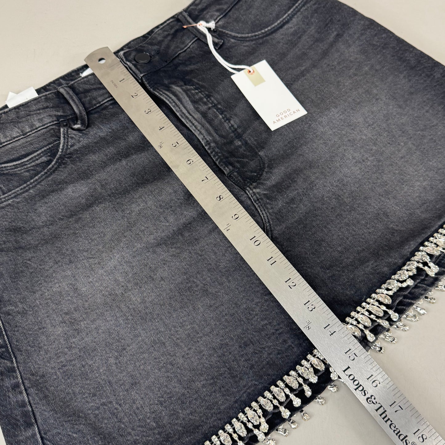 GOOD AMERICAN Denim Crystal Trim Skirt Women's Sz 10 Black376 GFD301