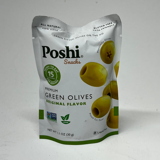ZA@ POSHI (10 PACK) Snacks Green Olives Original Flavor 1.1 oz. BB 09/27