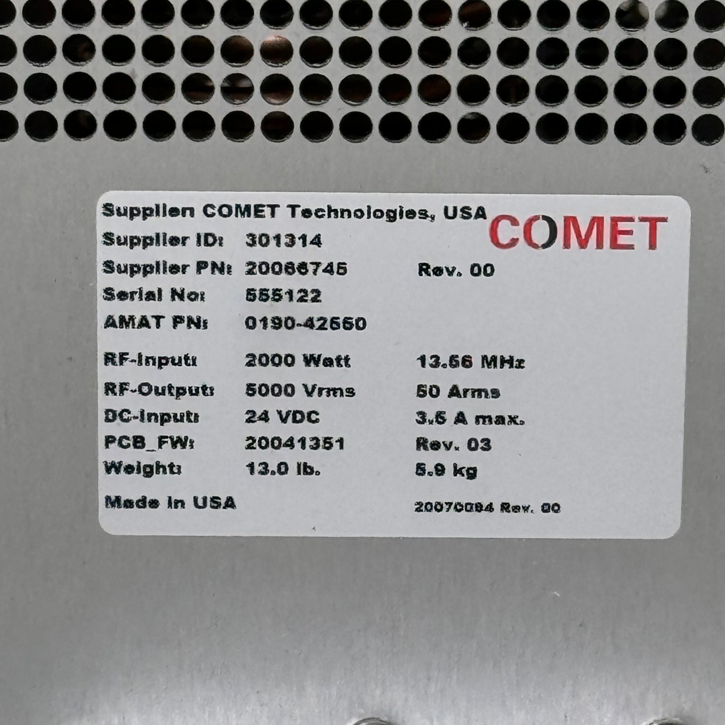 COMET *FOR PARTS ONLY* RF Impedance Matching Network 20066745 (AS-IS)