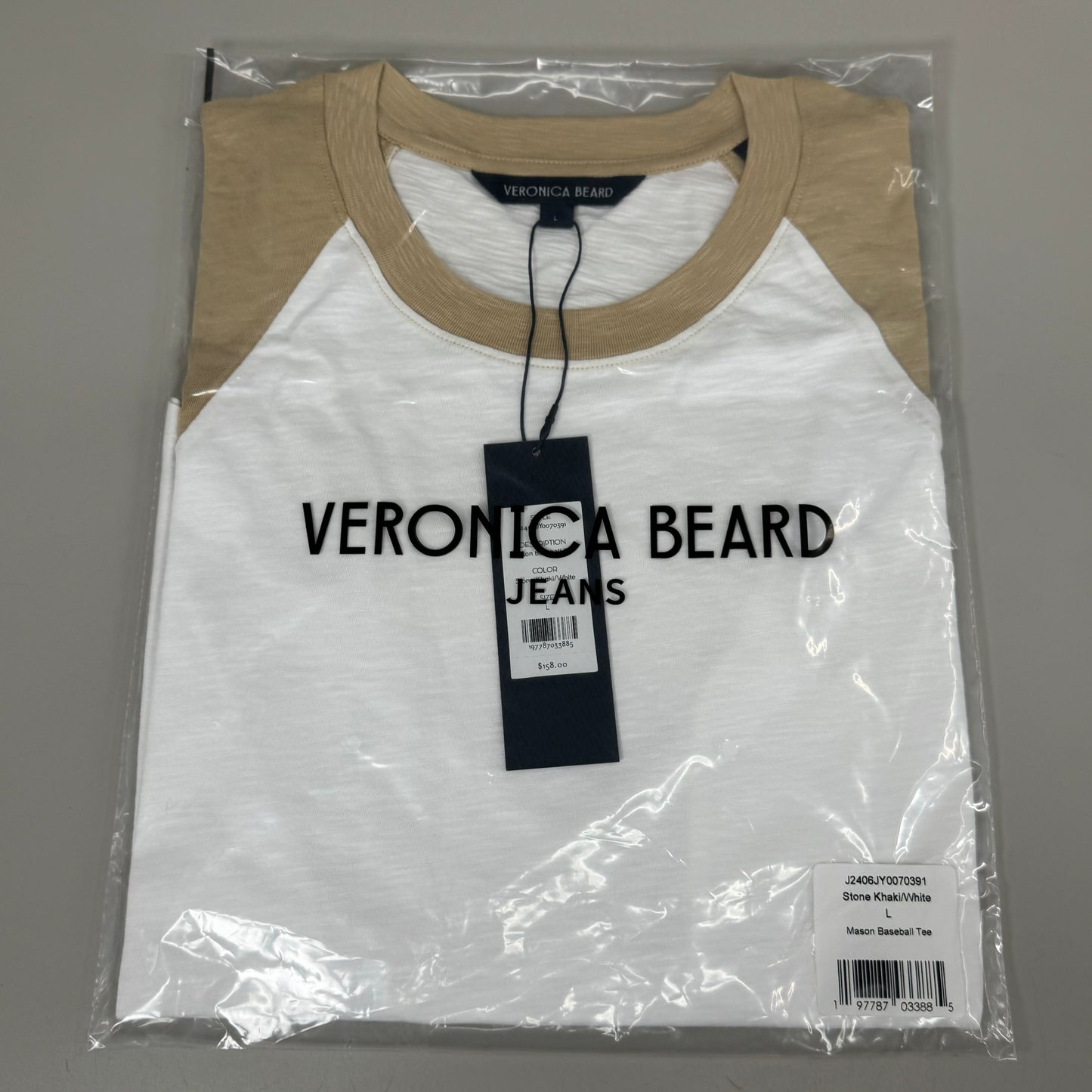 VERONICA BEARD Jeans Women's Mason Baseball Tee Sz-L Stone Khaki/White