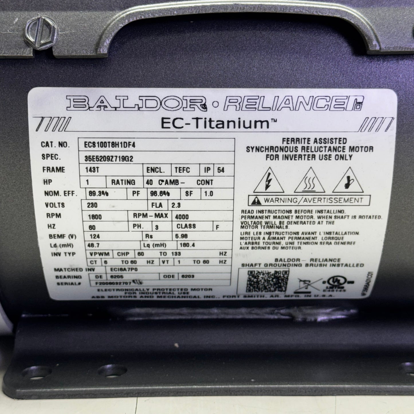 BALDOR RELIANCE Motor 230V/1HP 12"L x 6"W x 11"H Grey EC8100T8H1DF4