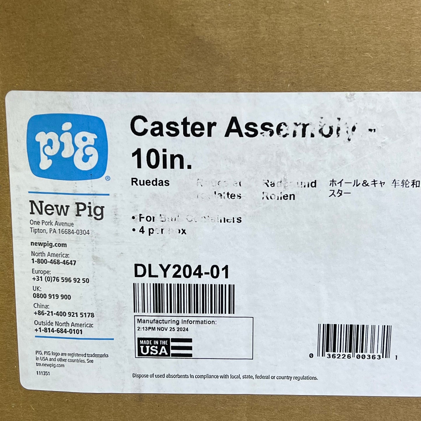 NEW PIG (SET OF 4) Caster Assembly Wheels For Pig Spill Kit 5" Black DLY204-01