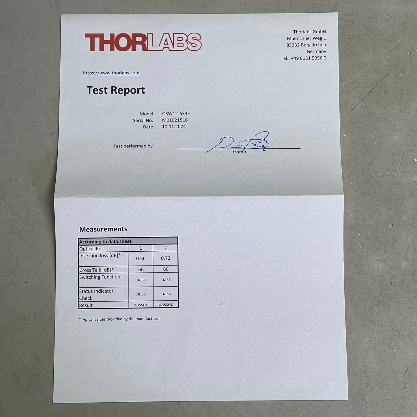 THORLABS Fiber Optic Switch Kit MEMS 1x2 600-800nm OSW12-633E