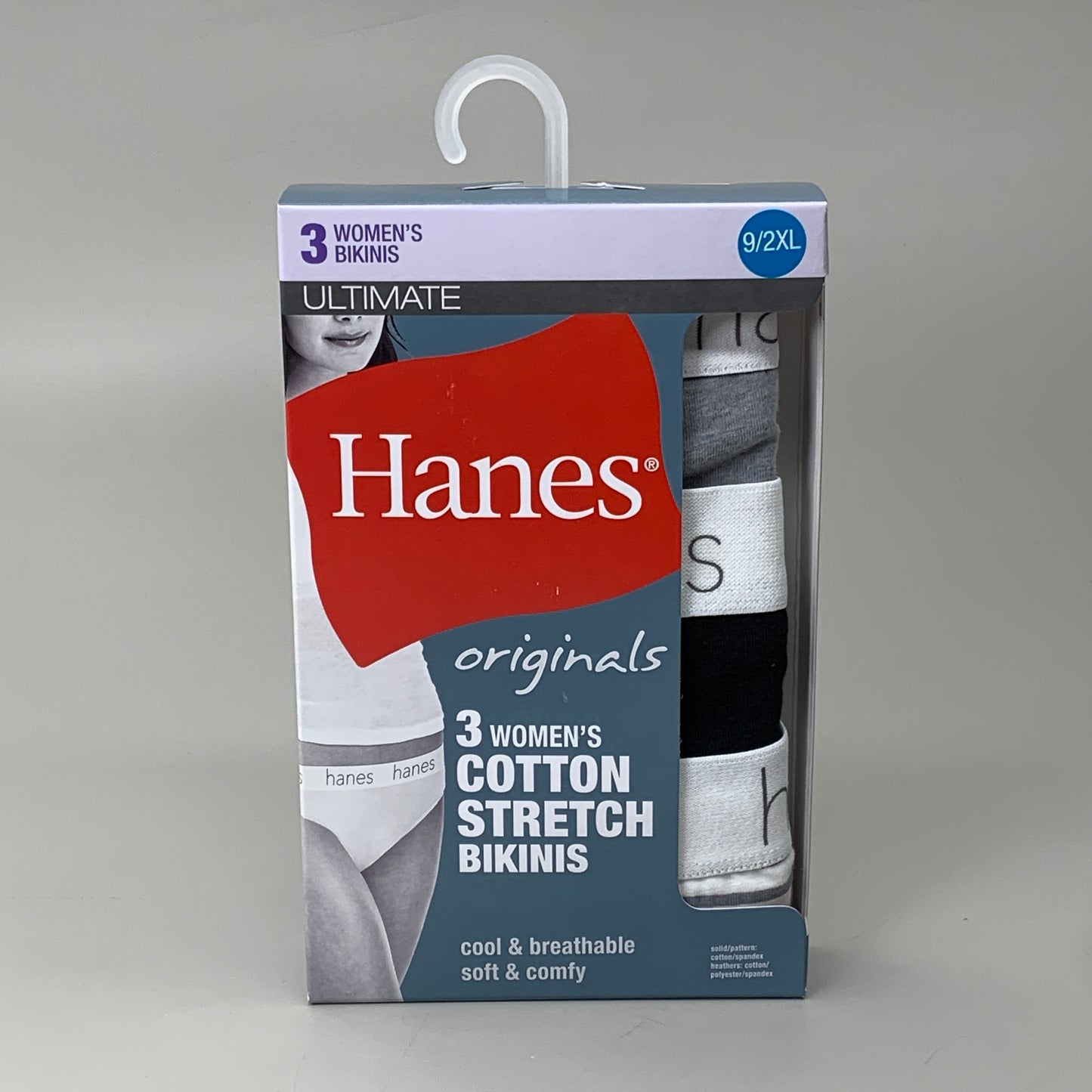 HANES 3 PACK!! Originals Women's Breathable Cotton Bikini Underwear Sz 9/2XL Black/Heather/Stripe 45OUBK