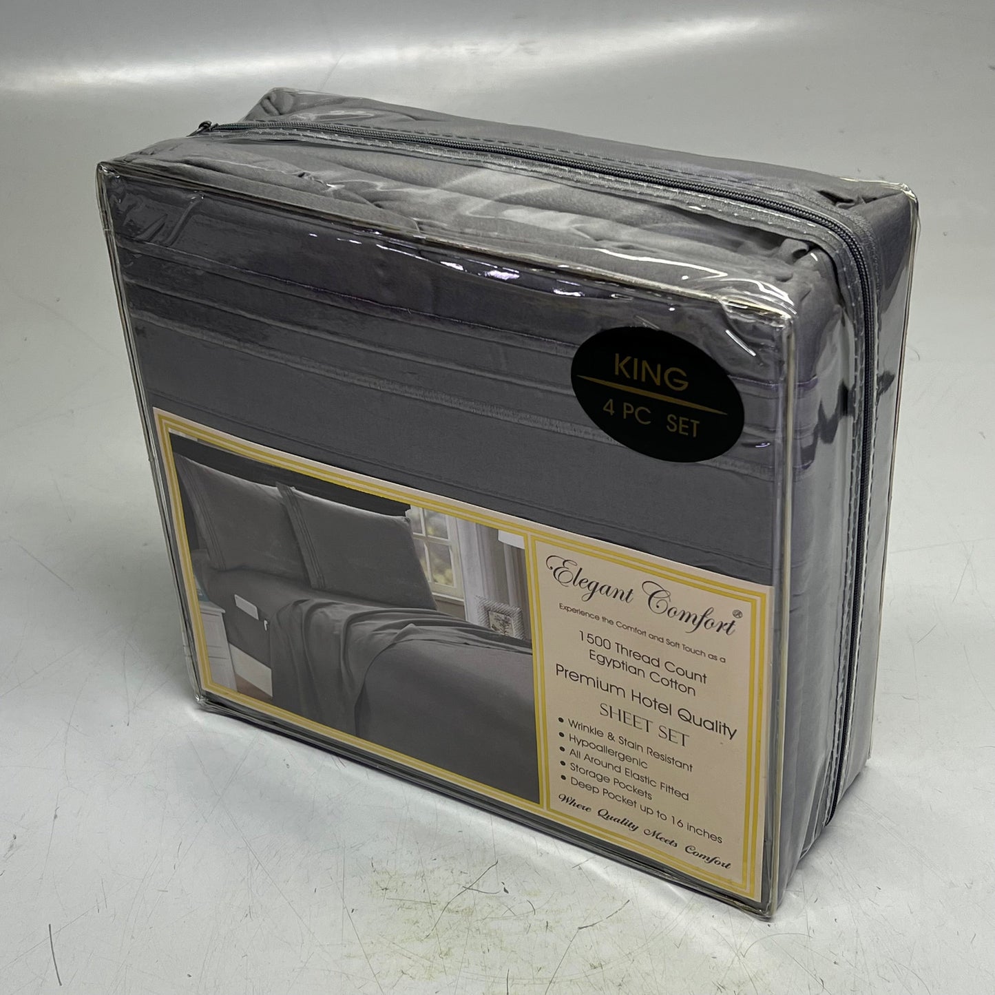 ZA@ ELEGANT COMFORT (6 PIECE SET) 1500 Thread Count Bed Sheets Box Stitching Design King Gray E