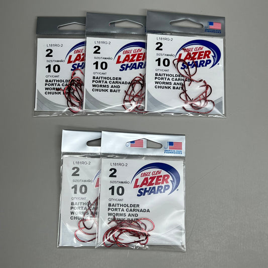 EAGLE CLAW (5 PACK) Lazer Sharp Down eye Offset Baitholders Red #2 10pc L181RG-2