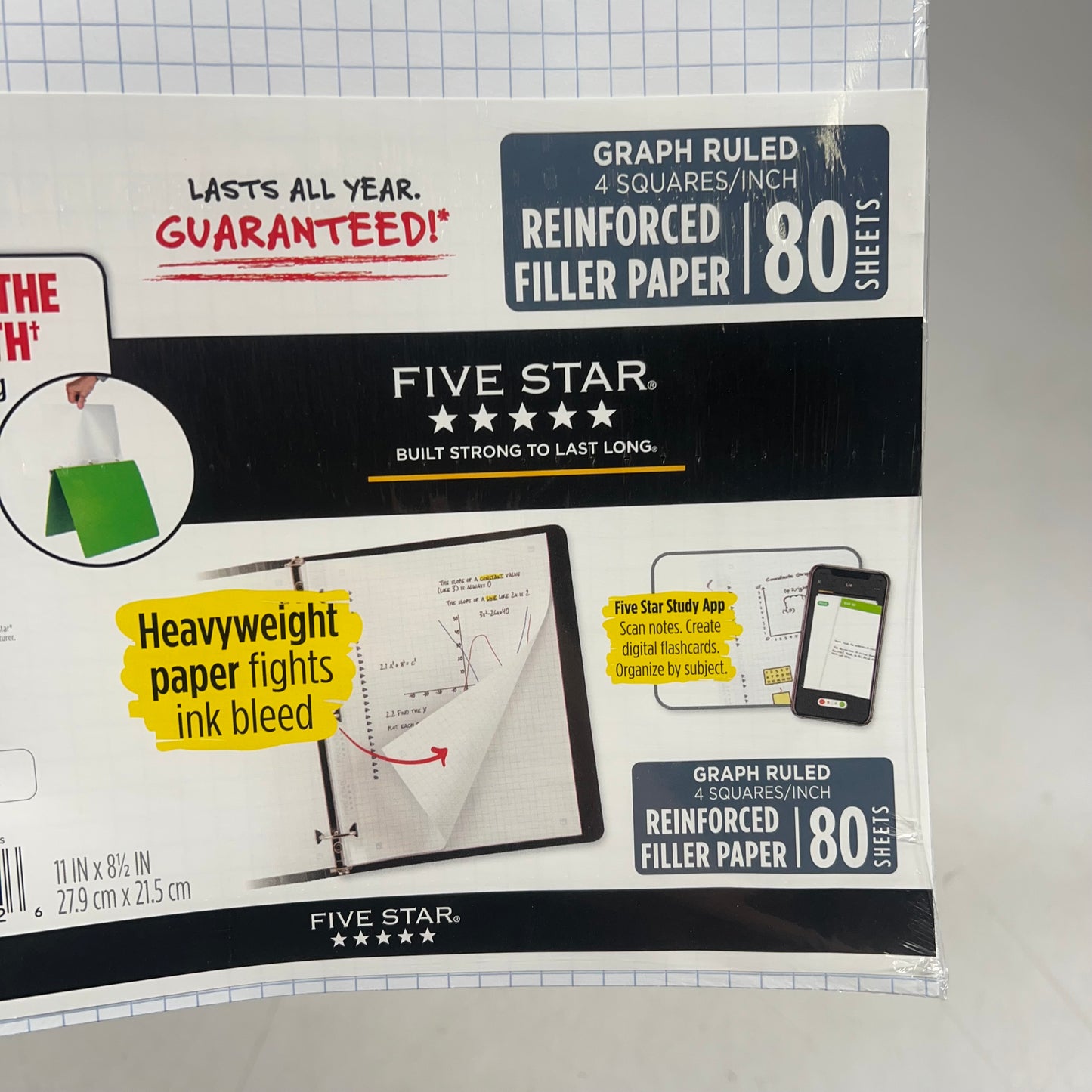 ZA@ FIVE STAR (5 PACK, 80 SHEETS EACH) Reinforced Graph-ruled Filler Paper  11"x8.5" White B-106