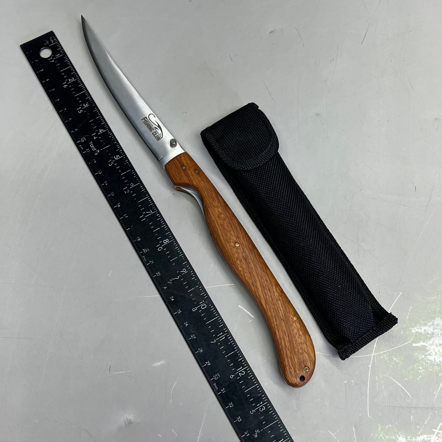 NORTH AMERICAN  Folding Fillet Knife W/ Case 14" Extended Brown Wood FMRFILET