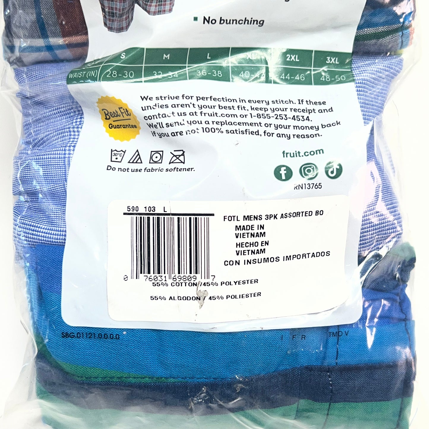 ZA@ FRUIT OF THE LOOM (3 PACK) Eversoft Breathable Fabric No Bunching Boxers Men's Sz L Plaid/Multicolor 590103