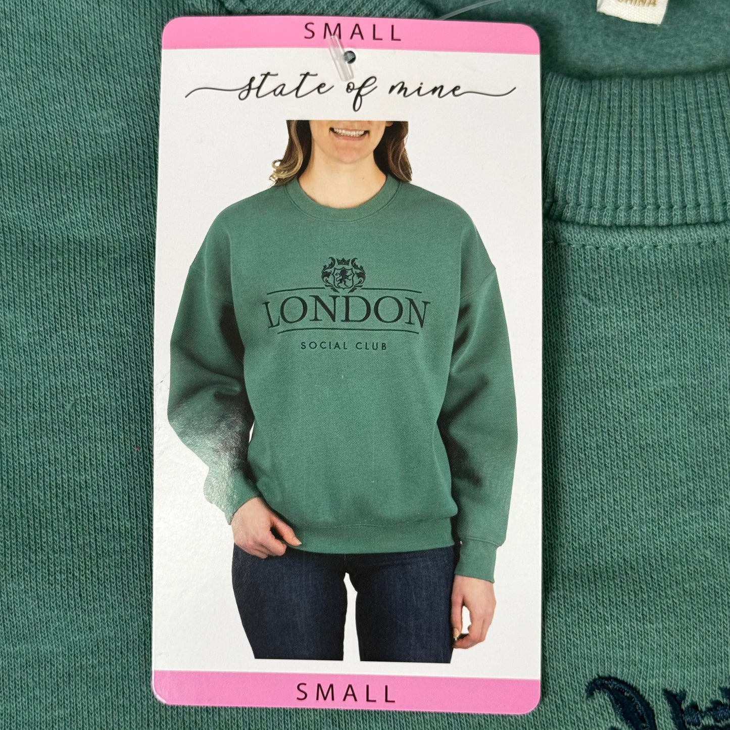 STATE OF MINE London Embroidered Crewneck Hoodie Sage Women's Sz S 15711