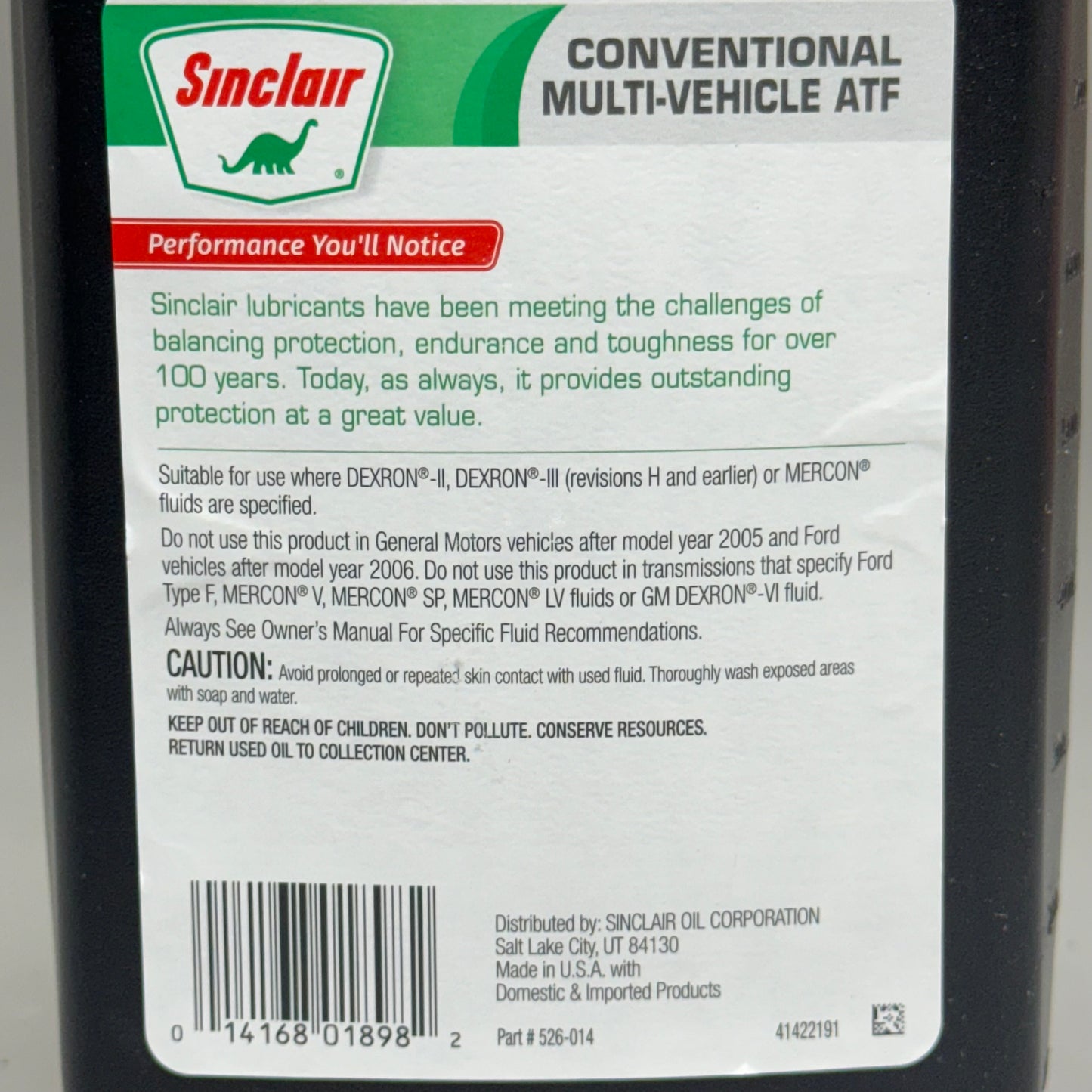 SINCLAIR (6 PACK, 1 quart each) Conventional Multi-Vehicle Automatic Transmission Fluid (New, No Box)