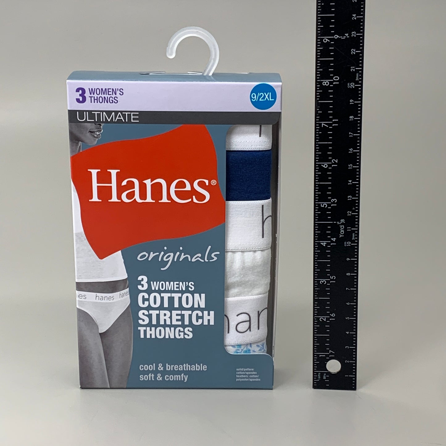 HANES 3 PACK!! Originals Women's Breathable Cotton Stretch Thongs Underwear Sz 9/2XL Navy/White/Floral 45U0BT