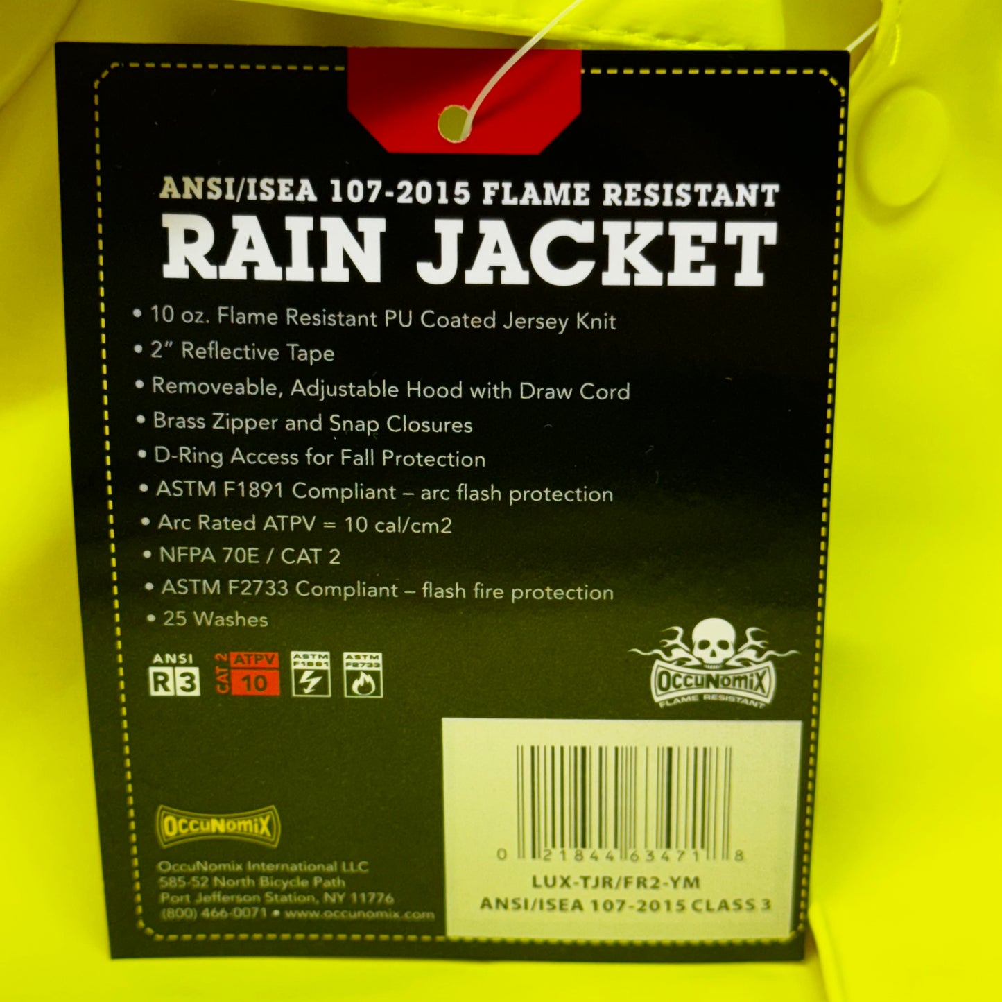 OCCUNOMIX Flame Resistant Rain Jacket PU Coated Jersey Knit Sz M LUX-TJR/FR2-YM