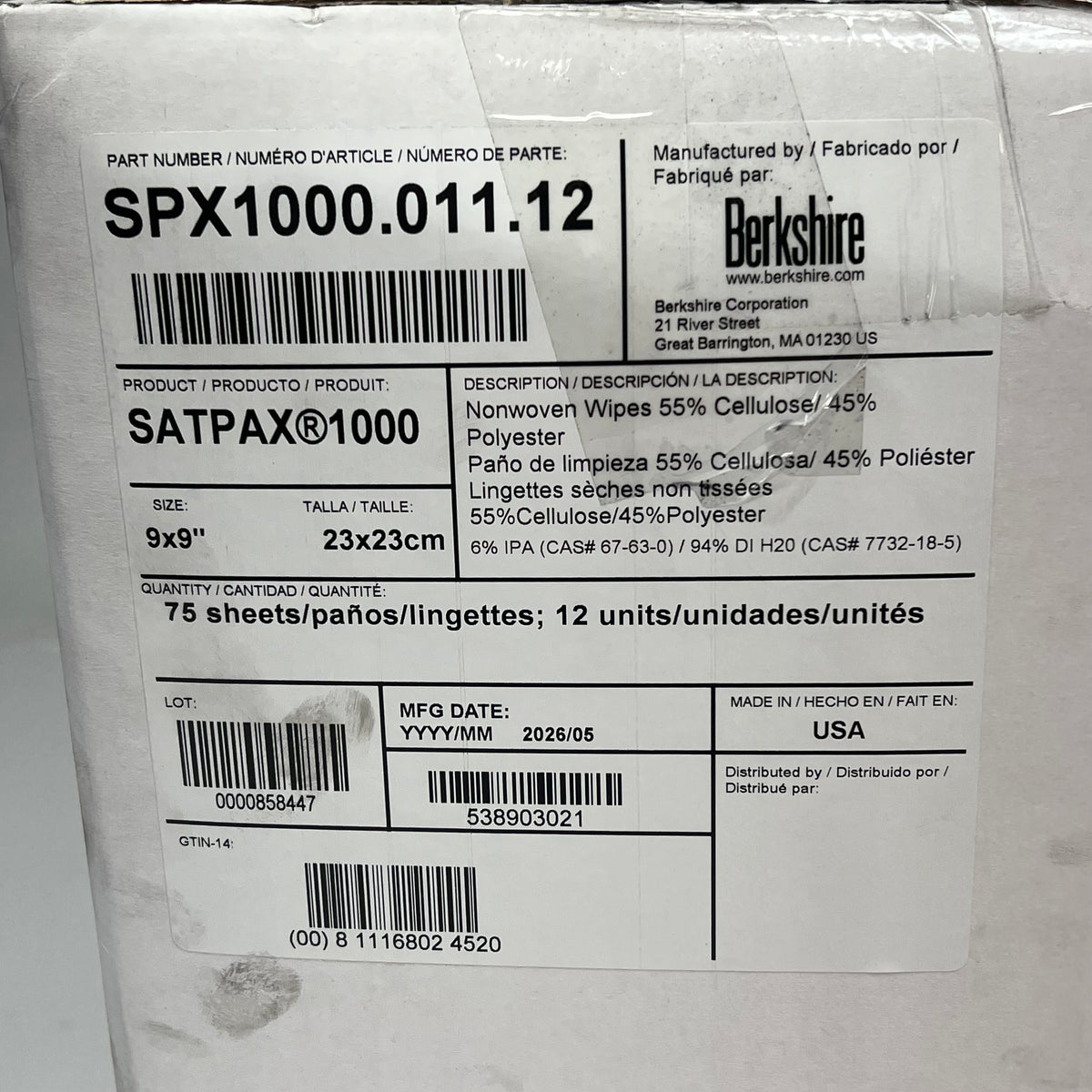 BERKSHIRE (12 PACK, 75 SHEETS EACH) Sat Pax Presaturated Cleanroom Wipers 9x9"