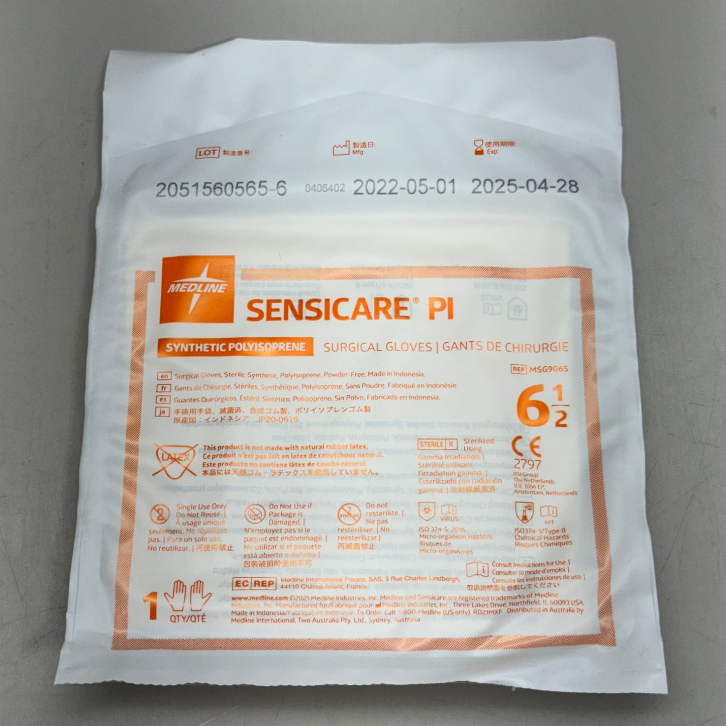 MEDLINE SensiCare PI Surgical Gloves 50 PCS 6.5 Synthetic Polyisoprene BB 04/25