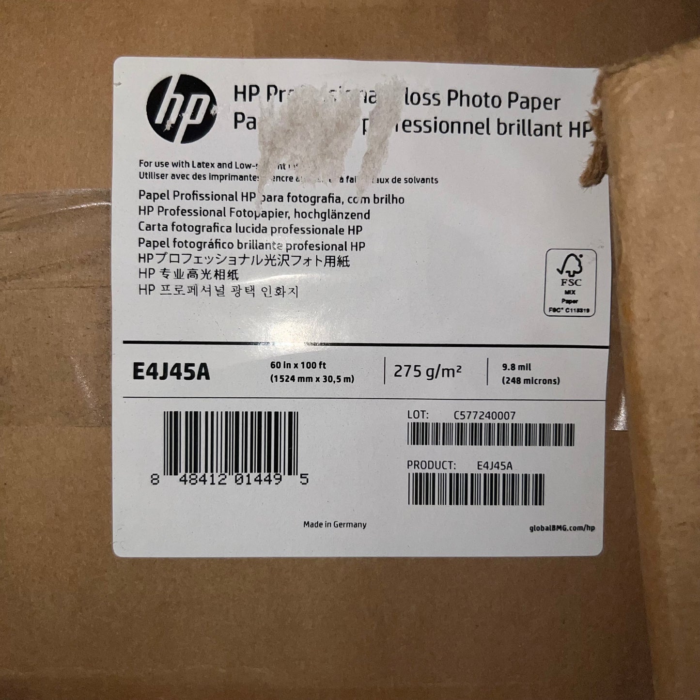 HP Professional Gloss Photo Paper 60in x 100ft White E4J45A