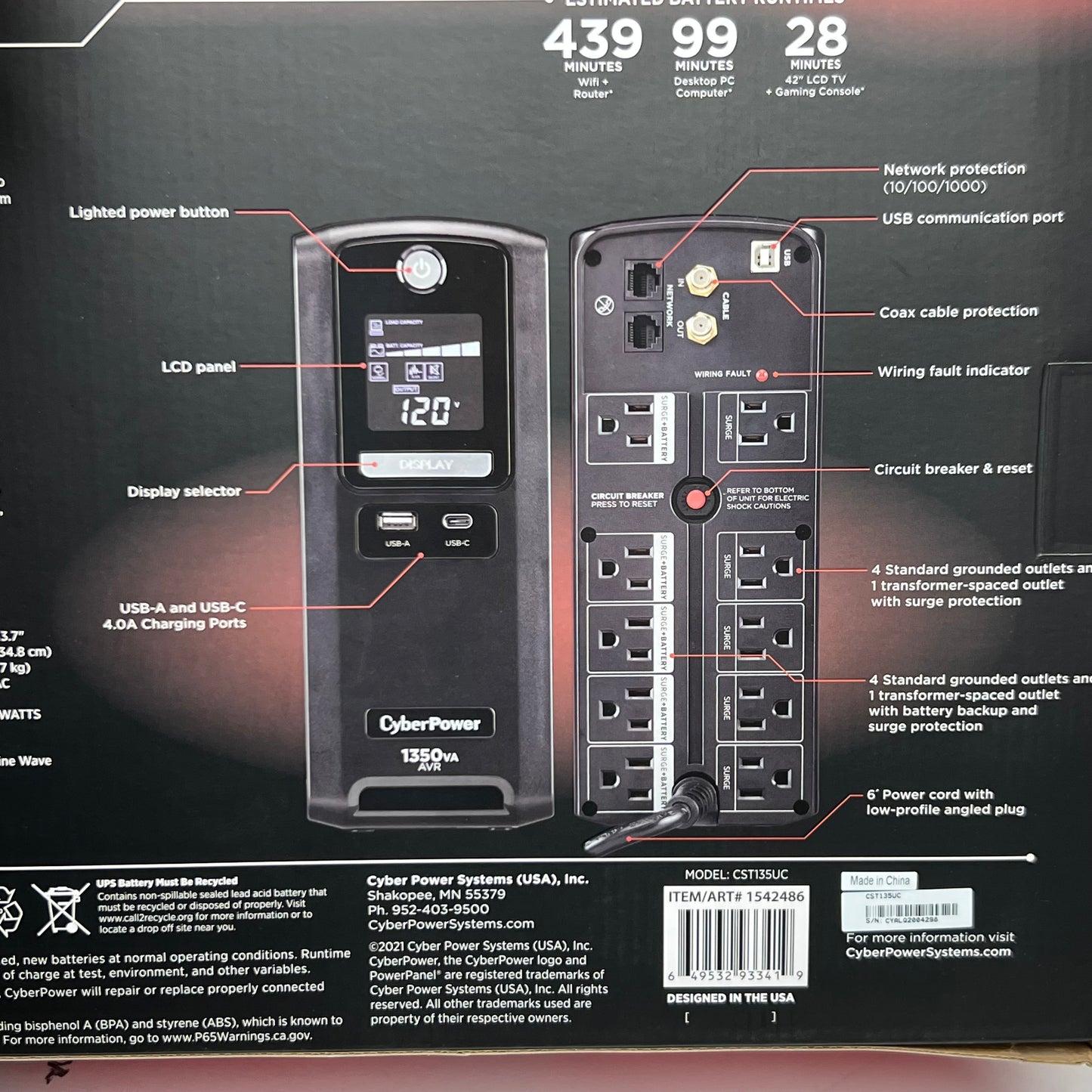 CYBERPOWER 1350VA/810W Battery Backup & Surge Protector - 10 Outlets, AVR & USB Charging CST135UC