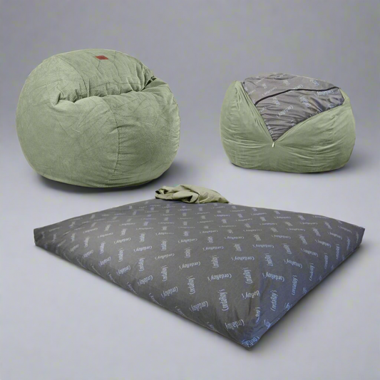 CORDAROY'S Bean Bag Chair CONVERTS TO A BED) w/ Chenille Queen Moss Green Cover