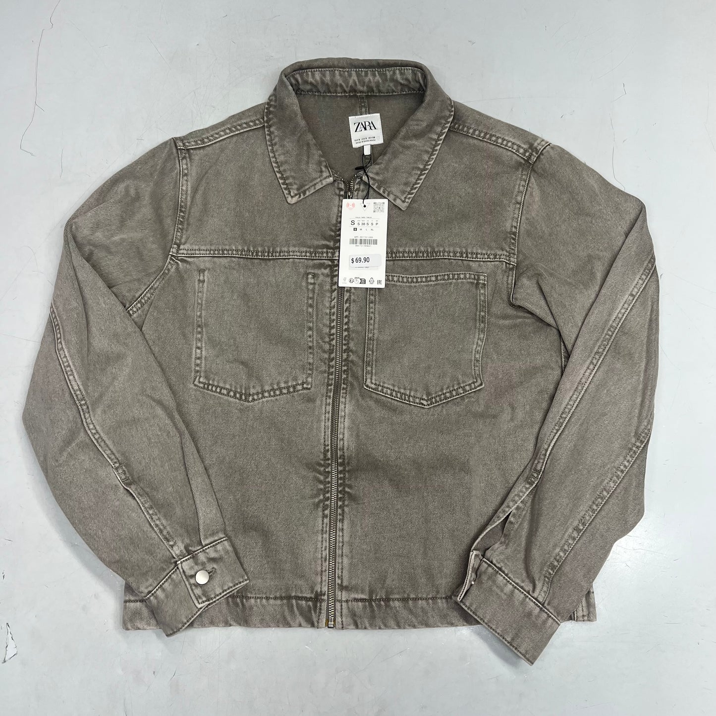 ZA@ ZARA Zip Up Denim Jacket W/ Chest Pocket Women's Sz S Stonewashed Grey