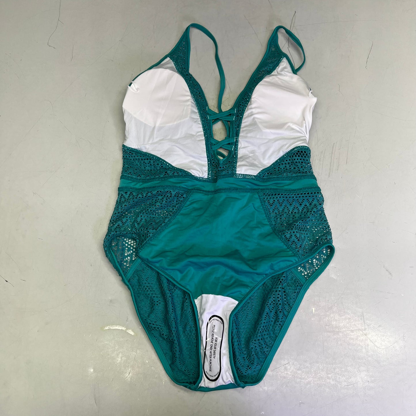 CHARMO Solid Cross Plunge Crochet One Piece Swimsuit Women's Sz M Aqua Blue