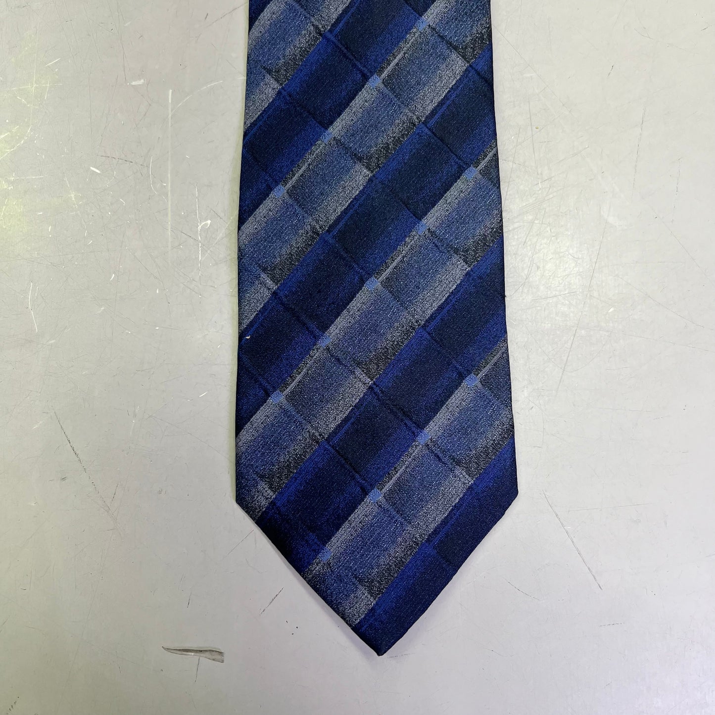 EMILIO PONTI Hand Made 100% Silk Suit Tie Ombre Plaid 60" Blue/White (Pre-Owned)