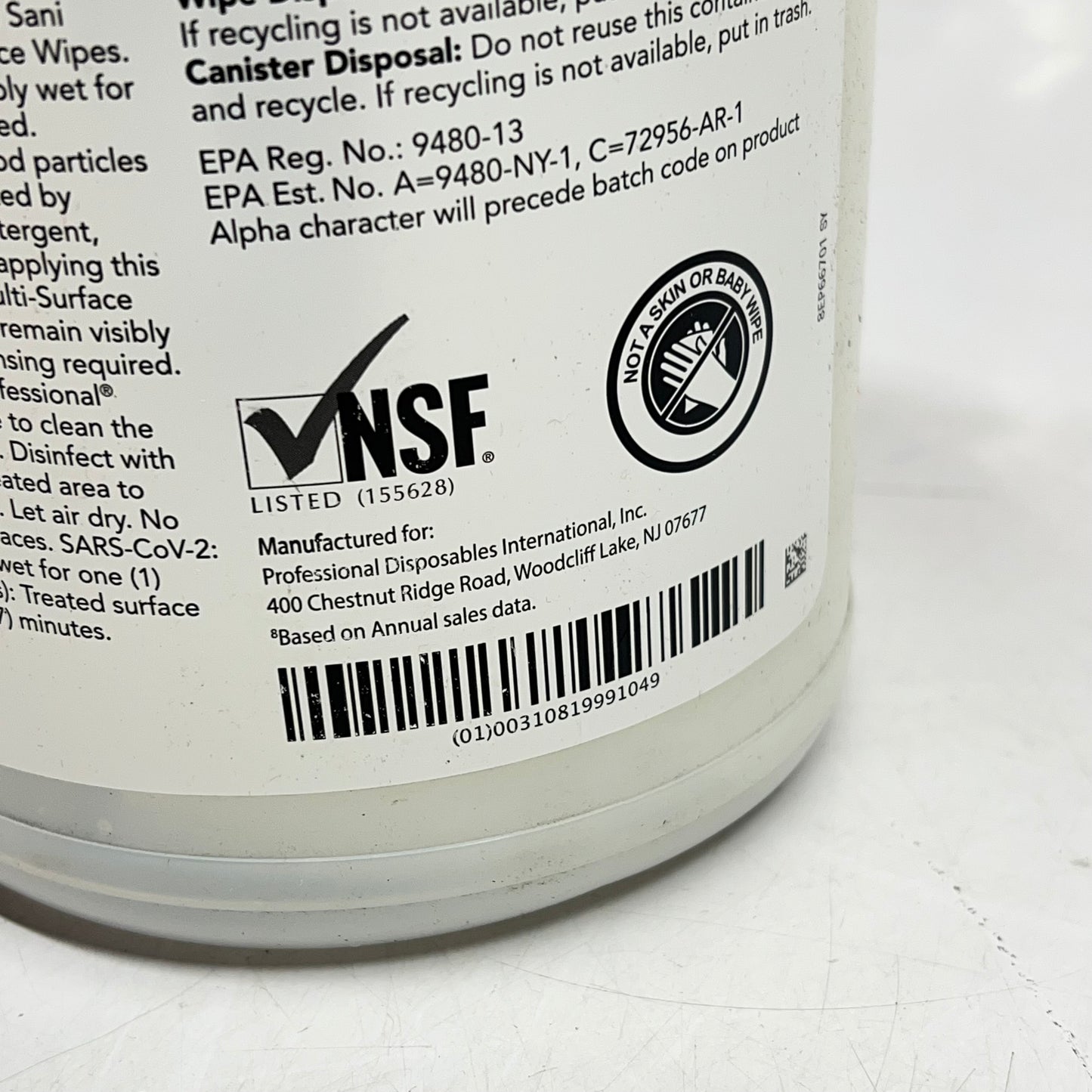 ZA@ SANI PROFESSIONAL (6 PACK, 175 EACH) No-Rinse Sanitizing Multi Surface Wipes 7.75" X 5"  White (Distressed Packaging)