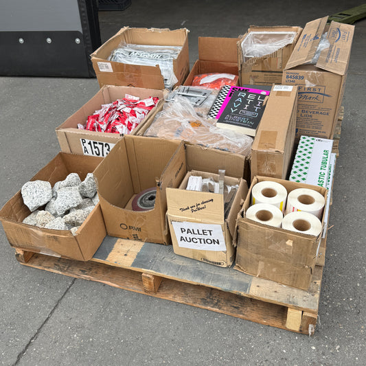 ZA@ Pallet of Rocks, Valves, Knives, Bags, Ketchup, Lids, cover plates, Wheel, Labels, & MORE!