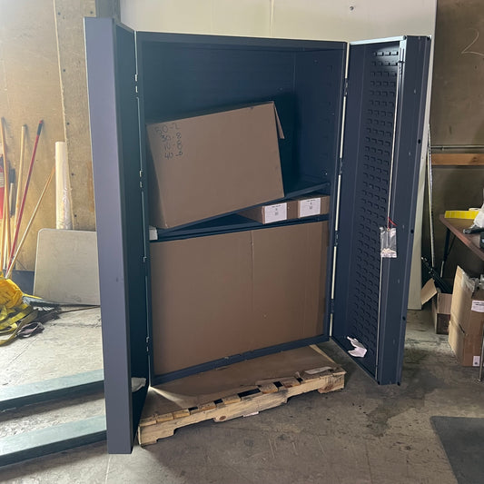 DURHAM MFG Steel Garage Cabinet w/ Blue Bins 72"H x 25"T x 48"W (Minor Damage)