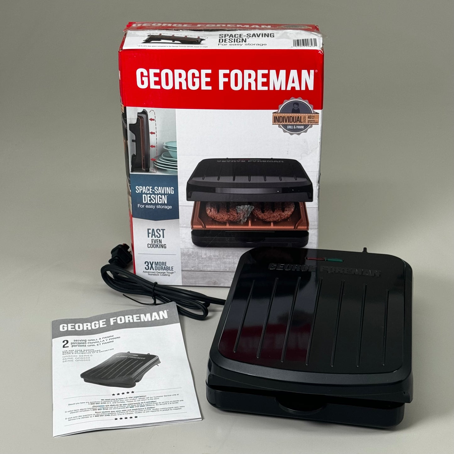 GEORGE FOREMAN Individual Sized Grill & Panini Press 1" Hinge Black GRS040BC AS-IS