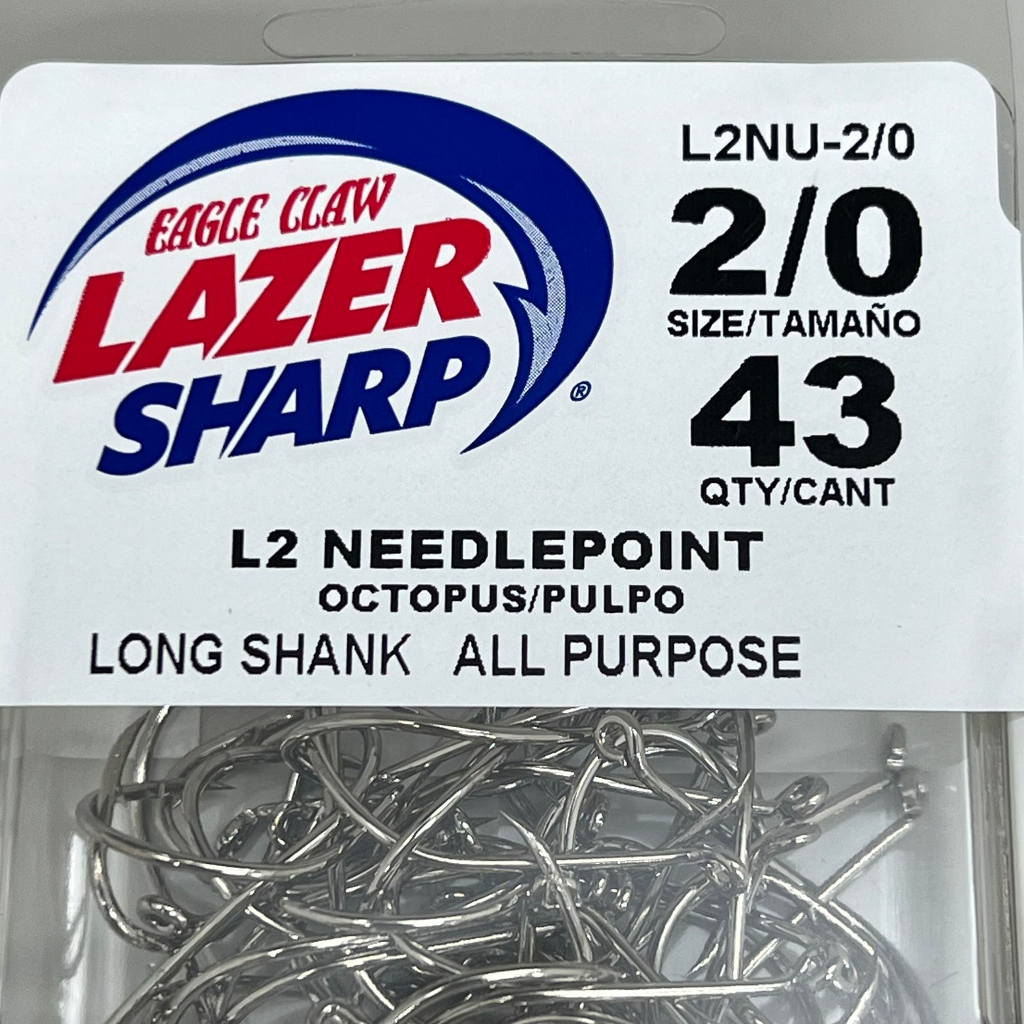 EAGLE CLAW Lazer Sharp L2 Needle Point Long Shank All Purpose #2/0 43pc L2NU-2/0