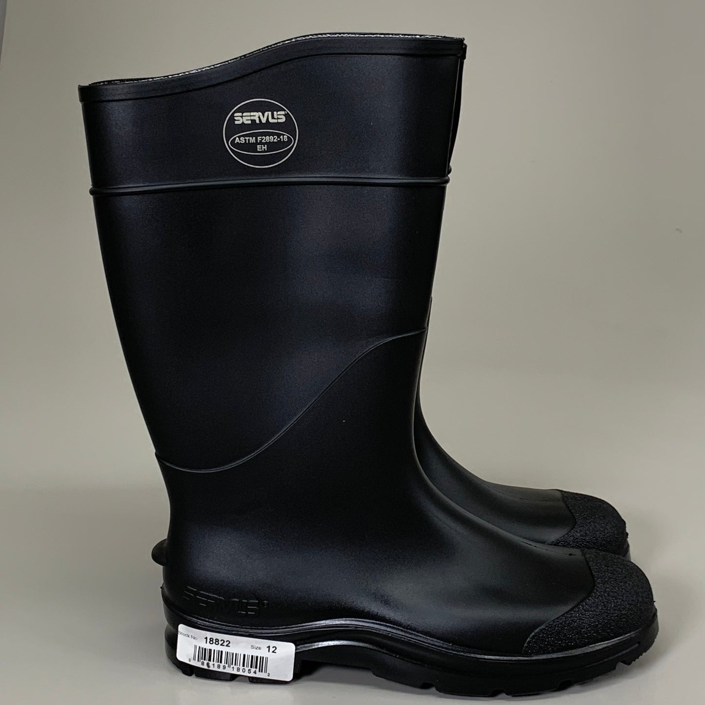 SERVUS Pull on Knee Shaft Plain Toe PVC Work Boots 16" Height Sz 12 Black 18822