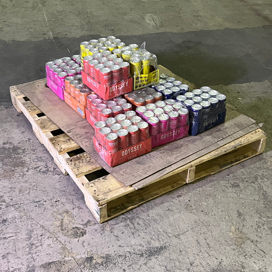 ZA@ Pallet of ODYSSEY Mushroom Elixir Sparkling Drink Energy + Focus BB 10/26 Different Flavors (AS-IS, Some Cans are Damaged)